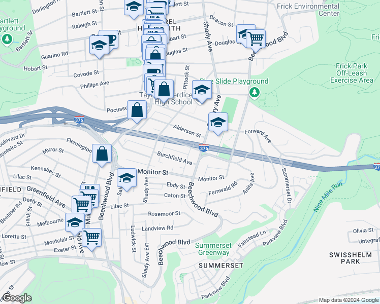 map of restaurants, bars, coffee shops, grocery stores, and more near 6382 Morrowfield Avenue in Pittsburgh