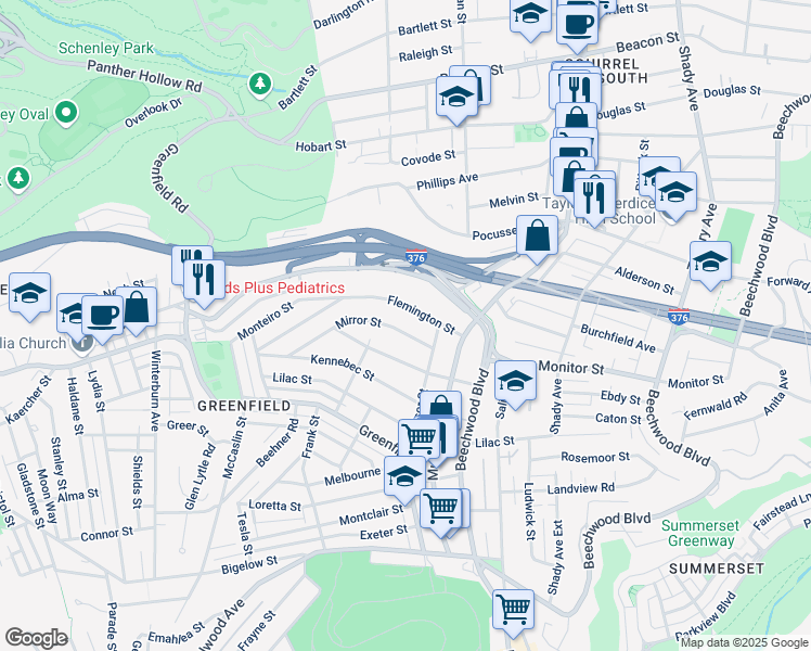 map of restaurants, bars, coffee shops, grocery stores, and more near 1008 Mirror Street in Pittsburgh