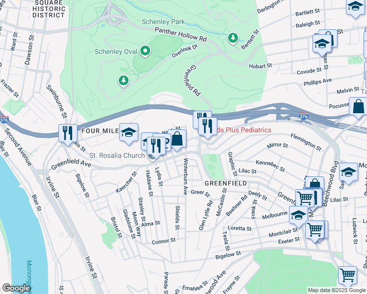 map of restaurants, bars, coffee shops, grocery stores, and more near 605 Greenfield Avenue in Pittsburgh