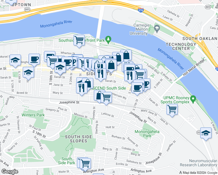 map of restaurants, bars, coffee shops, grocery stores, and more near 2315 Jane Street in Pittsburgh