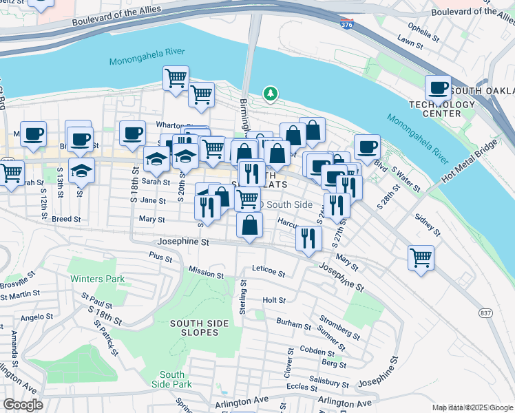 map of restaurants, bars, coffee shops, grocery stores, and more near 2315 Jane Street in Pittsburgh