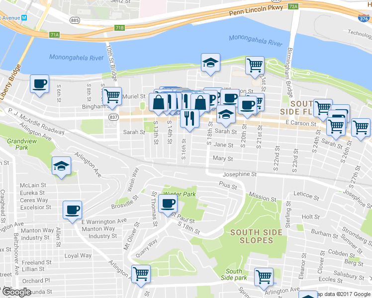 map of restaurants, bars, coffee shops, grocery stores, and more near 166 South 16th Street in Pittsburgh