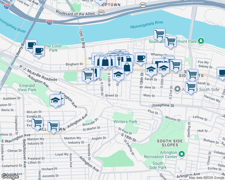 map of restaurants, bars, coffee shops, grocery stores, and more near 35 Uxor Way in Pittsburgh