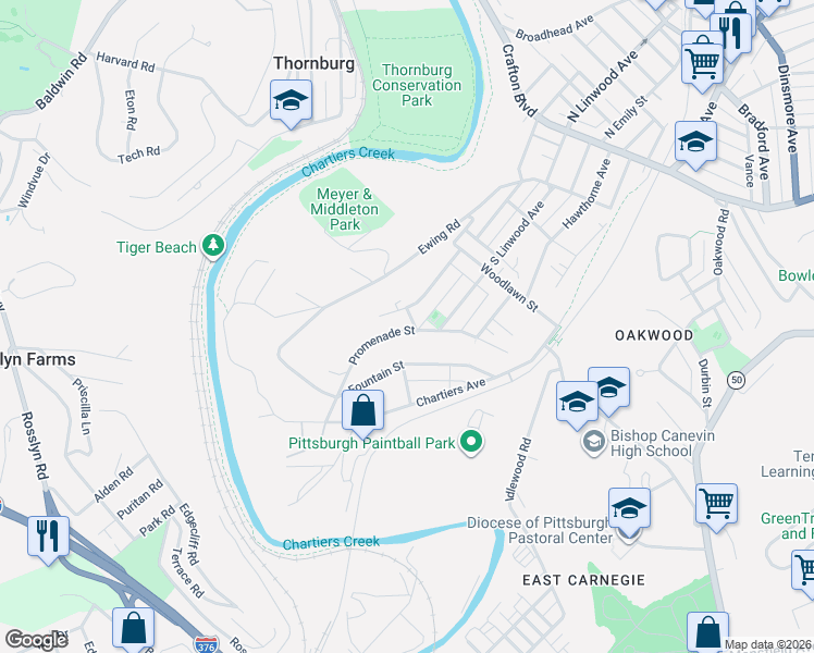 map of restaurants, bars, coffee shops, grocery stores, and more near 136 Promenade Street in Crafton