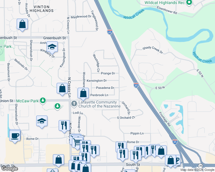 map of restaurants, bars, coffee shops, grocery stores, and more near 3928 Pasadena Dr in Lafayette