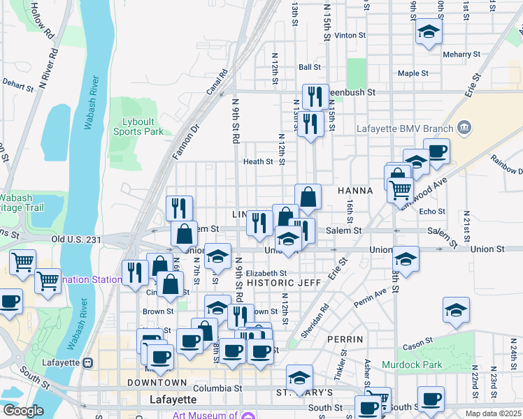 map of restaurants, bars, coffee shops, grocery stores, and more near 922 North 10th Street in Lafayette