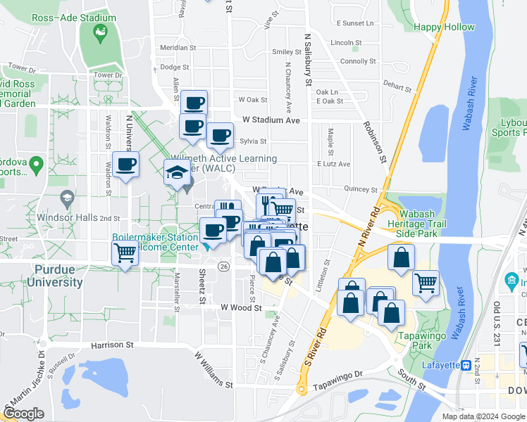 map of restaurants, bars, coffee shops, grocery stores, and more near in West Lafayette