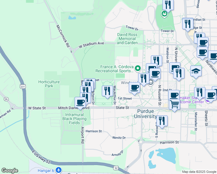 map of restaurants, bars, coffee shops, grocery stores, and more near 1301 3rd St in West Lafayette