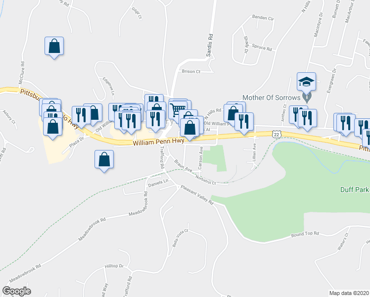 map of restaurants, bars, coffee shops, grocery stores, and more near 3130 McCloy Avenue in Murrysville