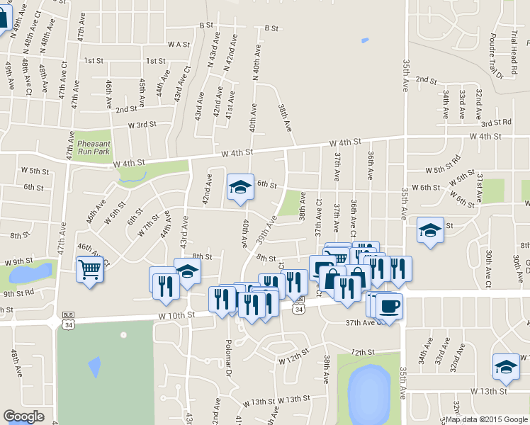 map of restaurants, bars, coffee shops, grocery stores, and more near 3911 West 7th Street in Greeley