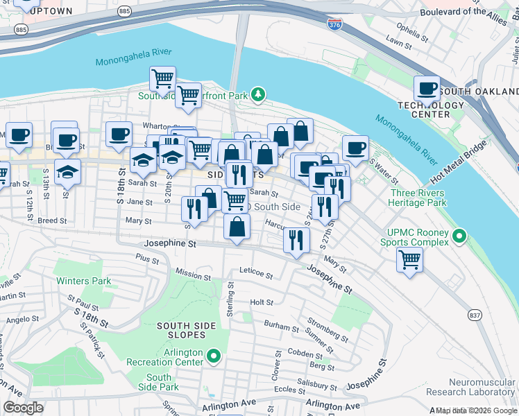 map of restaurants, bars, coffee shops, grocery stores, and more near 2315 Jane Street in Pittsburgh