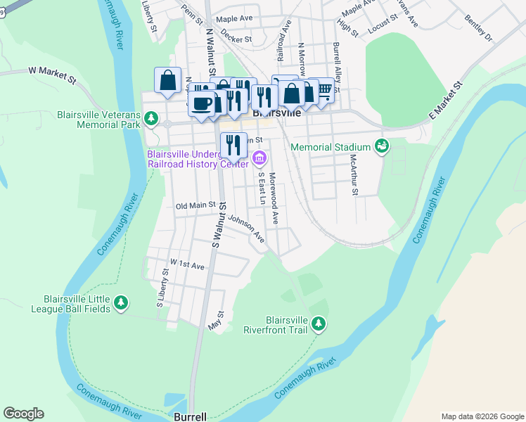map of restaurants, bars, coffee shops, grocery stores, and more near 284 South East Lane in Blairsville