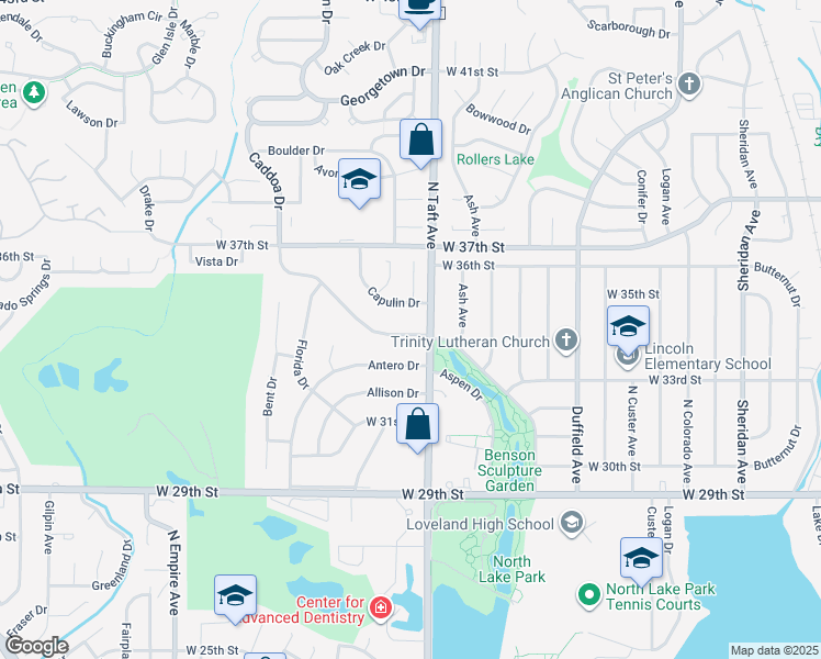 map of restaurants, bars, coffee shops, grocery stores, and more near 1455 Caddoa Drive in Loveland
