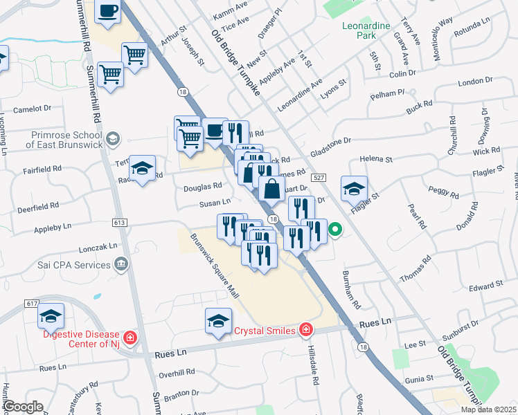 map of restaurants, bars, coffee shops, grocery stores, and more near 747 New Jersey 18 in East Brunswick