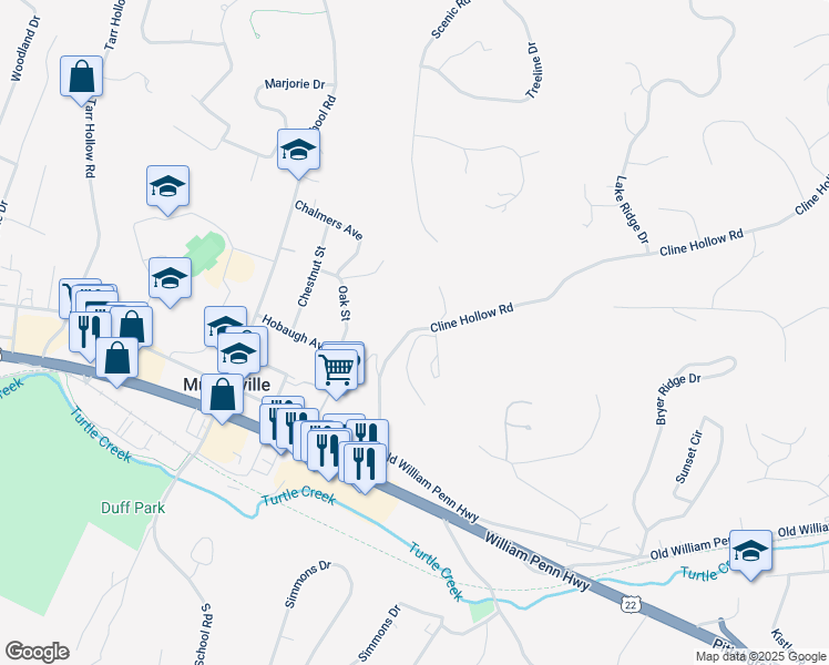 map of restaurants, bars, coffee shops, grocery stores, and more near 4956 Cline Hollow Road in Murrysville