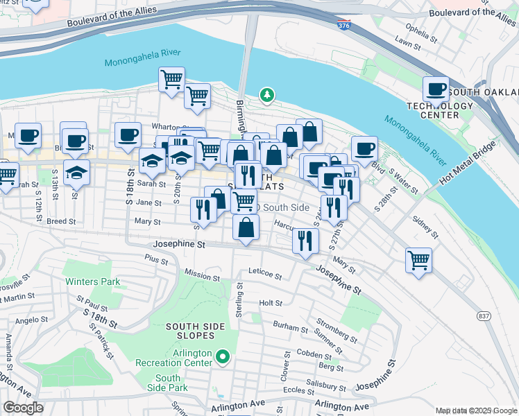 map of restaurants, bars, coffee shops, grocery stores, and more near 2311 Jane Street in Pittsburgh