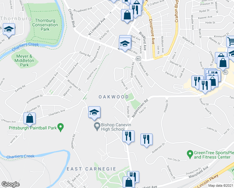 map of restaurants, bars, coffee shops, grocery stores, and more near 1715 Durbin Street in Pittsburgh