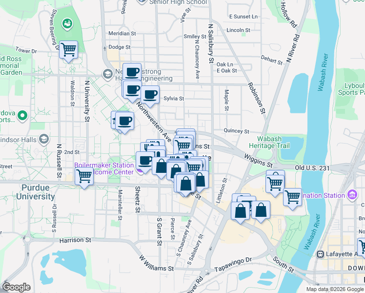 map of restaurants, bars, coffee shops, grocery stores, and more near in West Lafayette
