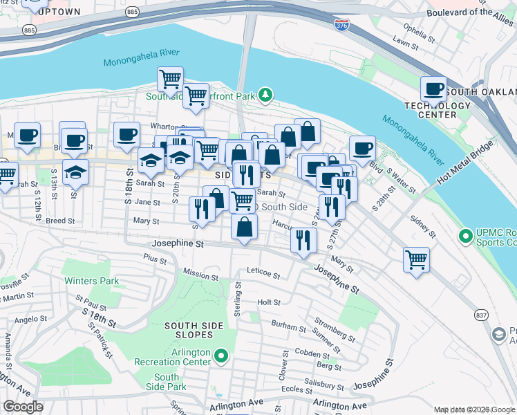 map of restaurants, bars, coffee shops, grocery stores, and more near 2315 Jane Street in Pittsburgh