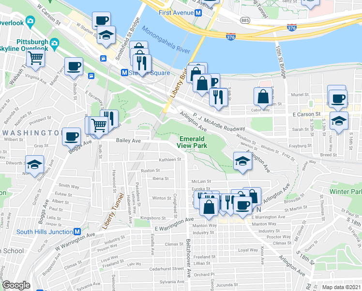 map of restaurants, bars, coffee shops, grocery stores, and more near 427 Bailey Avenue in Pittsburgh