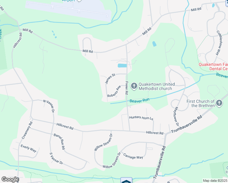 map of restaurants, bars, coffee shops, grocery stores, and more near 105 Roberts Avenue in Quakertown