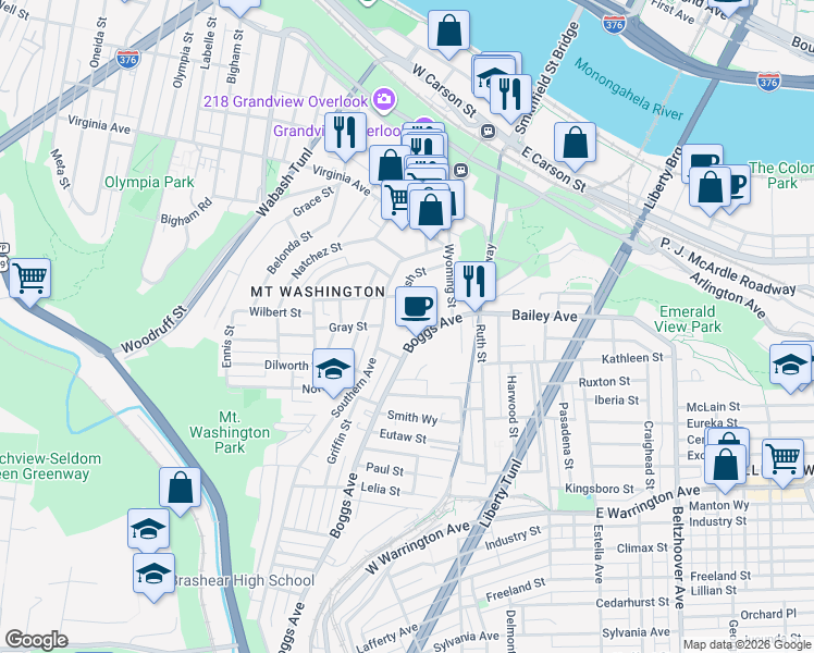 map of restaurants, bars, coffee shops, grocery stores, and more near 119 Southern Avenue in Pittsburgh