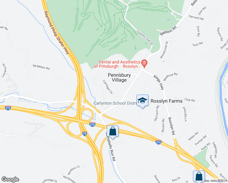 map of restaurants, bars, coffee shops, grocery stores, and more near 677 Pennsbury Boulevard in Pittsburgh