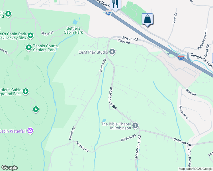 map of restaurants, bars, coffee shops, grocery stores, and more near 205 McMichael Road in Carnegie