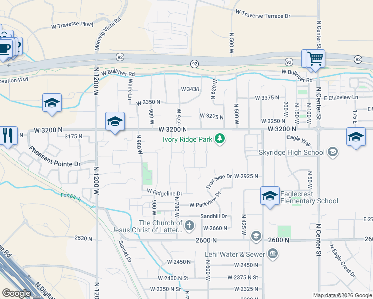 map of restaurants, bars, coffee shops, grocery stores, and more near 3094 North Parkridge Drive in Lehi
