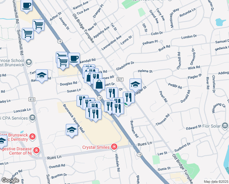 map of restaurants, bars, coffee shops, grocery stores, and more near 13 Windsor Drive in East Brunswick