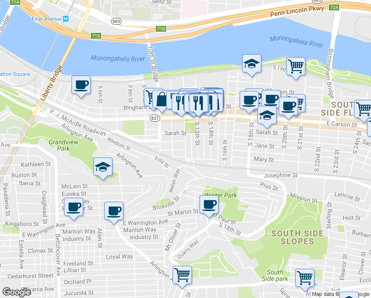 map of restaurants, bars, coffee shops, grocery stores, and more near S 12th St & Freyburg St in Pittsburgh