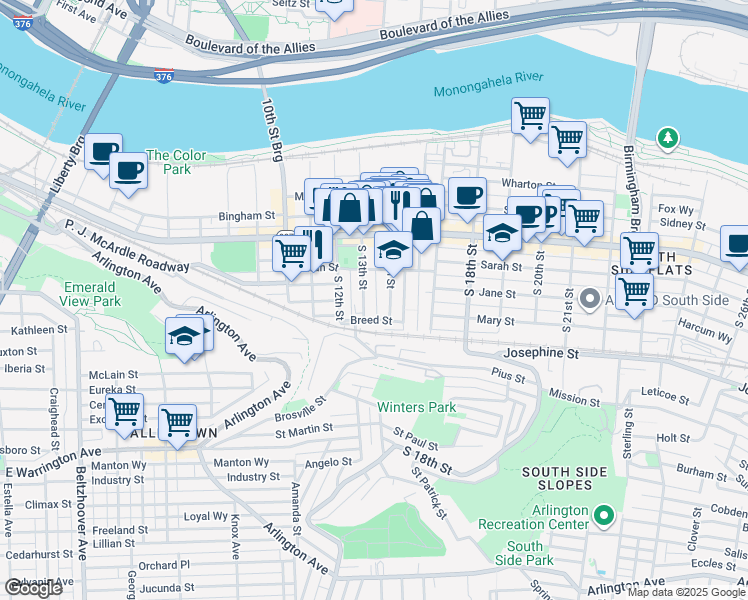 map of restaurants, bars, coffee shops, grocery stores, and more near 35 Uxor Way in Pittsburgh