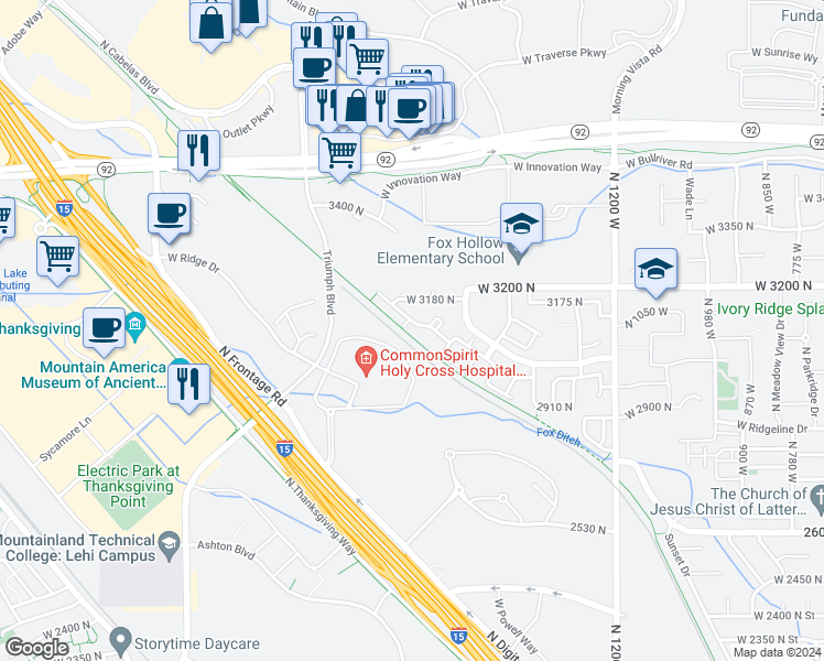 map of restaurants, bars, coffee shops, grocery stores, and more near 1705 WestBury Way in Lehi