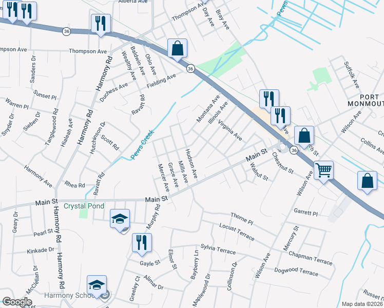map of restaurants, bars, coffee shops, grocery stores, and more near 624 Hudson Avenue in Monmouth