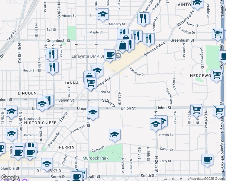 map of restaurants, bars, coffee shops, grocery stores, and more near 1001 North 20th Street in Lafayette