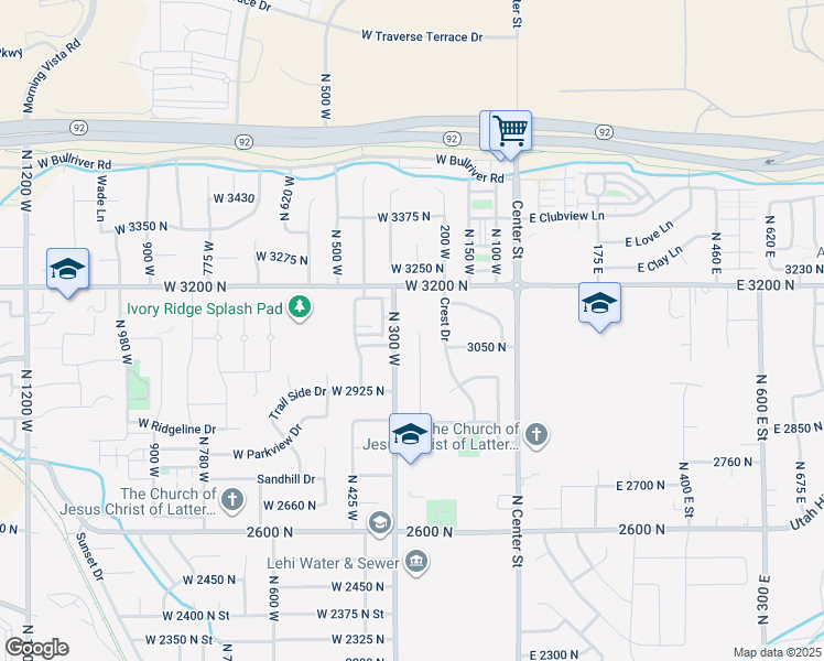 map of restaurants, bars, coffee shops, grocery stores, and more near 3105 North 250 West in Lehi