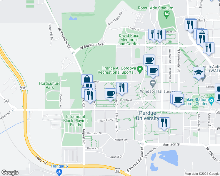 map of restaurants, bars, coffee shops, grocery stores, and more near 1301 3rd Street in West Lafayette