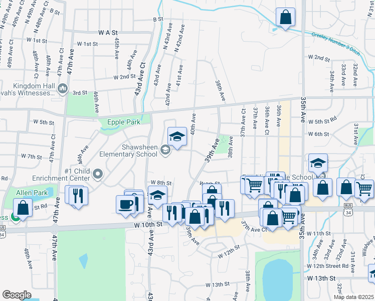 map of restaurants, bars, coffee shops, grocery stores, and more near 4020 West 7th Street in Greeley