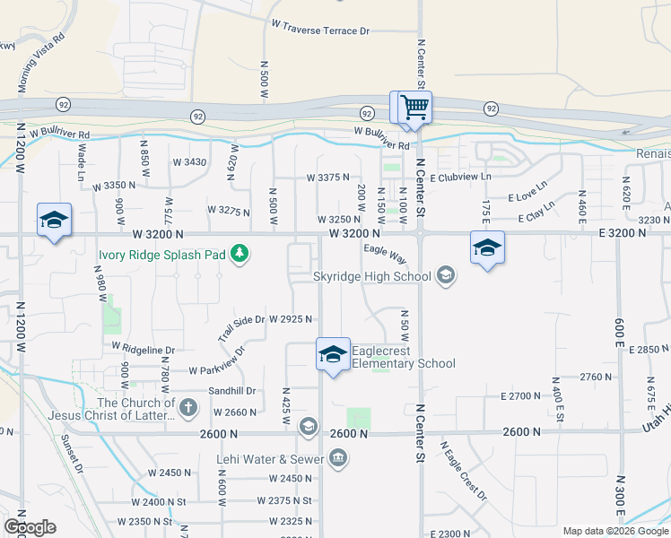 map of restaurants, bars, coffee shops, grocery stores, and more near 3105 North 250 West in Lehi