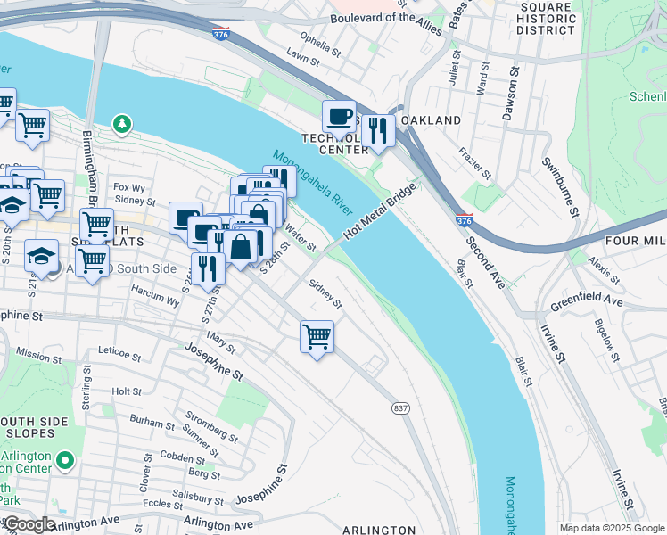 map of restaurants, bars, coffee shops, grocery stores, and more near 2950 South Water Street in Pittsburgh