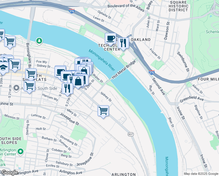 map of restaurants, bars, coffee shops, grocery stores, and more near 2950 South Water Street in Pittsburgh