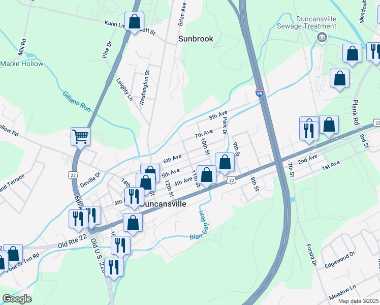 map of restaurants, bars, coffee shops, grocery stores, and more near in Duncansville
