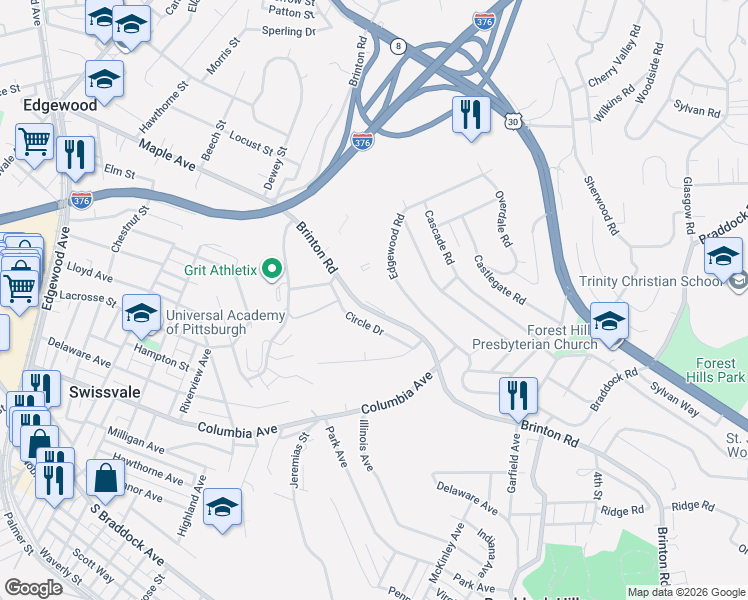 map of restaurants, bars, coffee shops, grocery stores, and more near 1080 Brinton Road in Pittsburgh