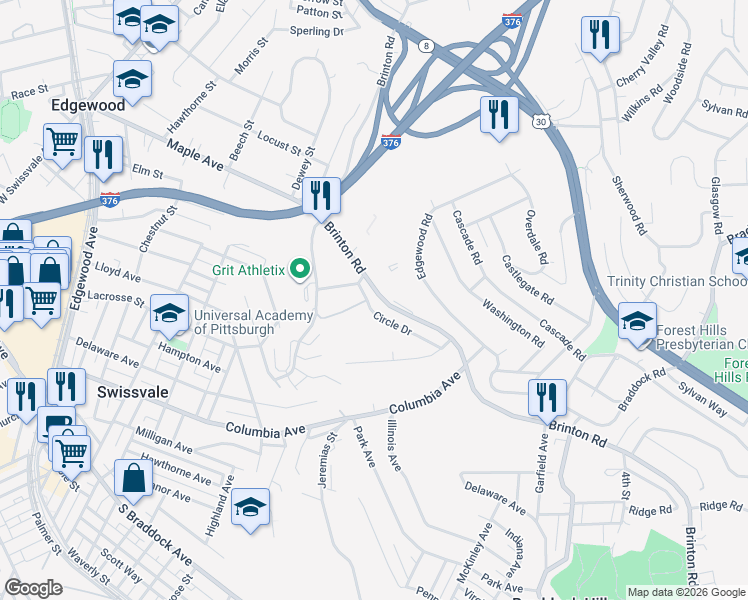 map of restaurants, bars, coffee shops, grocery stores, and more near 1080 Brinton Road in Pittsburgh