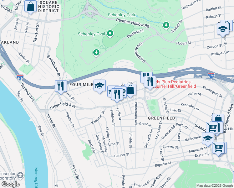 map of restaurants, bars, coffee shops, grocery stores, and more near 3925 Lydia Street in Pittsburgh