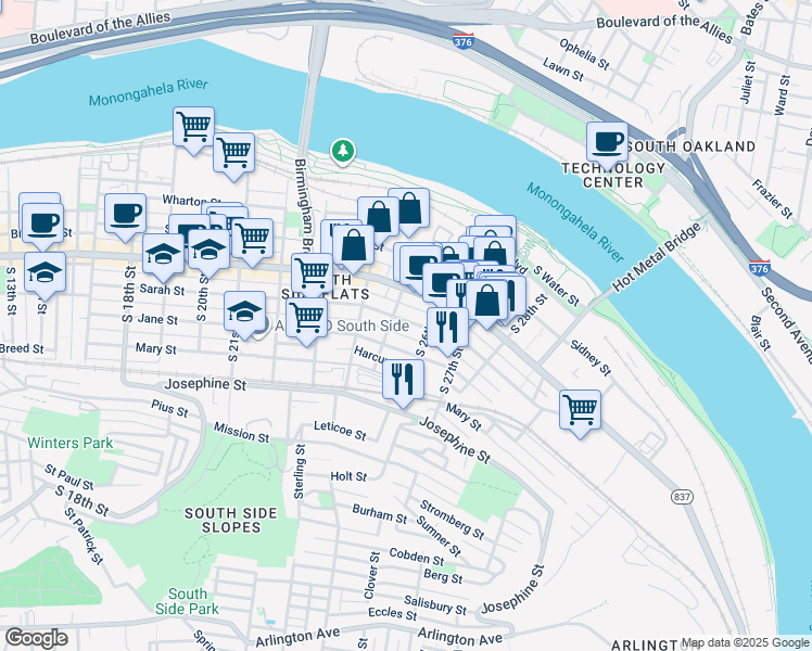 map of restaurants, bars, coffee shops, grocery stores, and more near 2517 Larkins Way in Pittsburgh