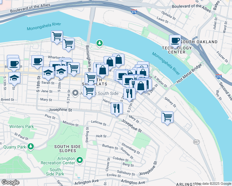 map of restaurants, bars, coffee shops, grocery stores, and more near 2517 Larkins Way in Pittsburgh