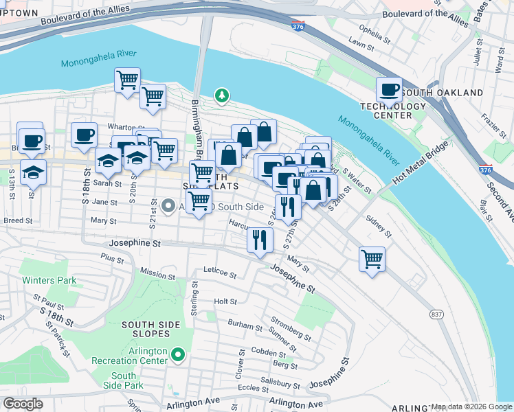 map of restaurants, bars, coffee shops, grocery stores, and more near 2517 Larkins Way in Pittsburgh