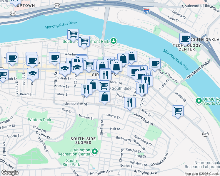 map of restaurants, bars, coffee shops, grocery stores, and more near 2315 Jane Street in Pittsburgh