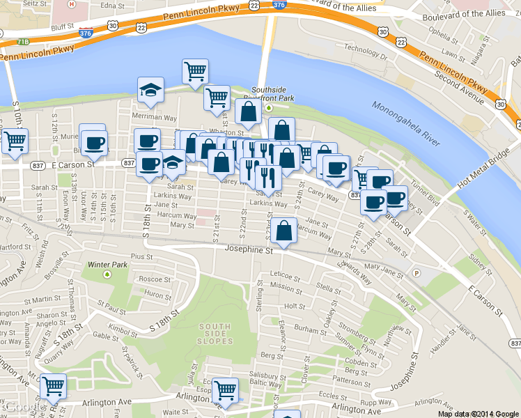 map of restaurants, bars, coffee shops, grocery stores, and more near 2218 Jane Street in Pittsburgh